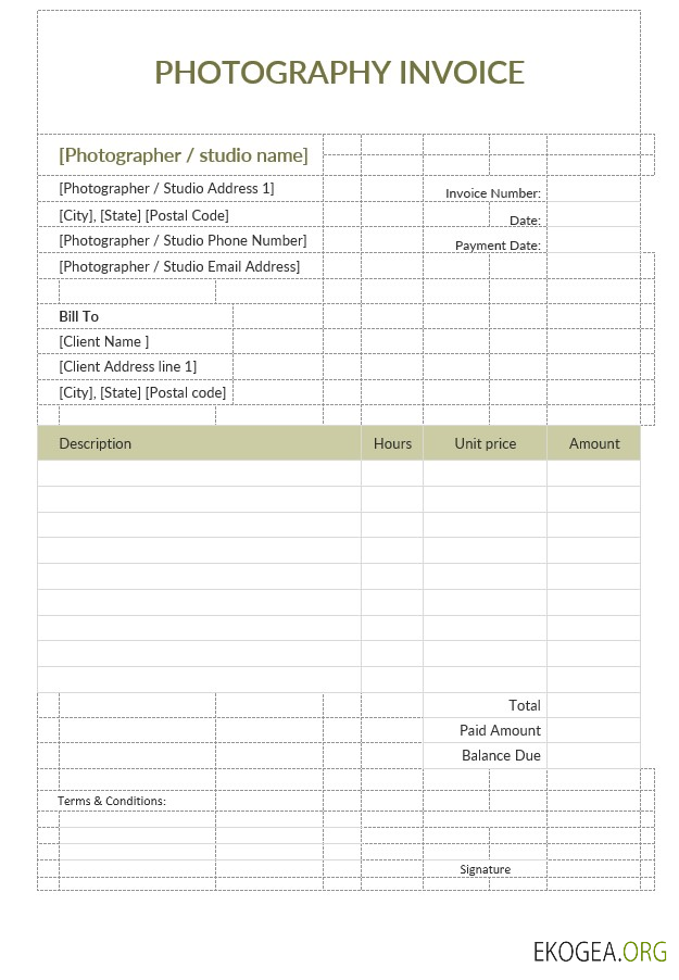 Exemple de modèle de facture de photographie